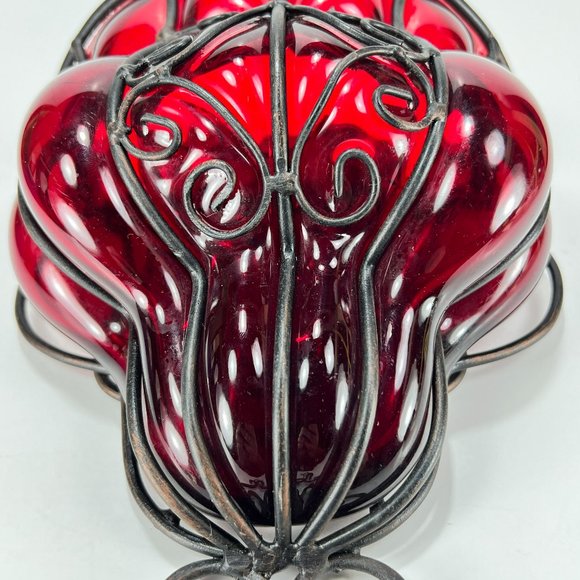 Gothic Caged Ruby Red Glass Wall Hang Planter VTG - Picture 8 of 16